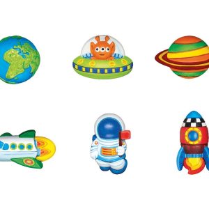 Bright and playful space-themed icons for kids, featuring a globe, UFO, Saturn, astronaut, and rocket.