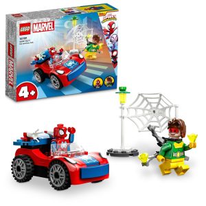 Spider-Man LEGO set with sporty vehicle, characters, and vibrant Marvel-themed adventure for kids.