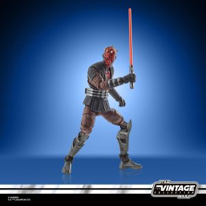 Dynamic Star Wars action figure wielding an orange lightsaber against a vibrant blue background.