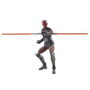 Dynamic Star Wars villain action figure with double-bladed lightsaber in red and black attire.