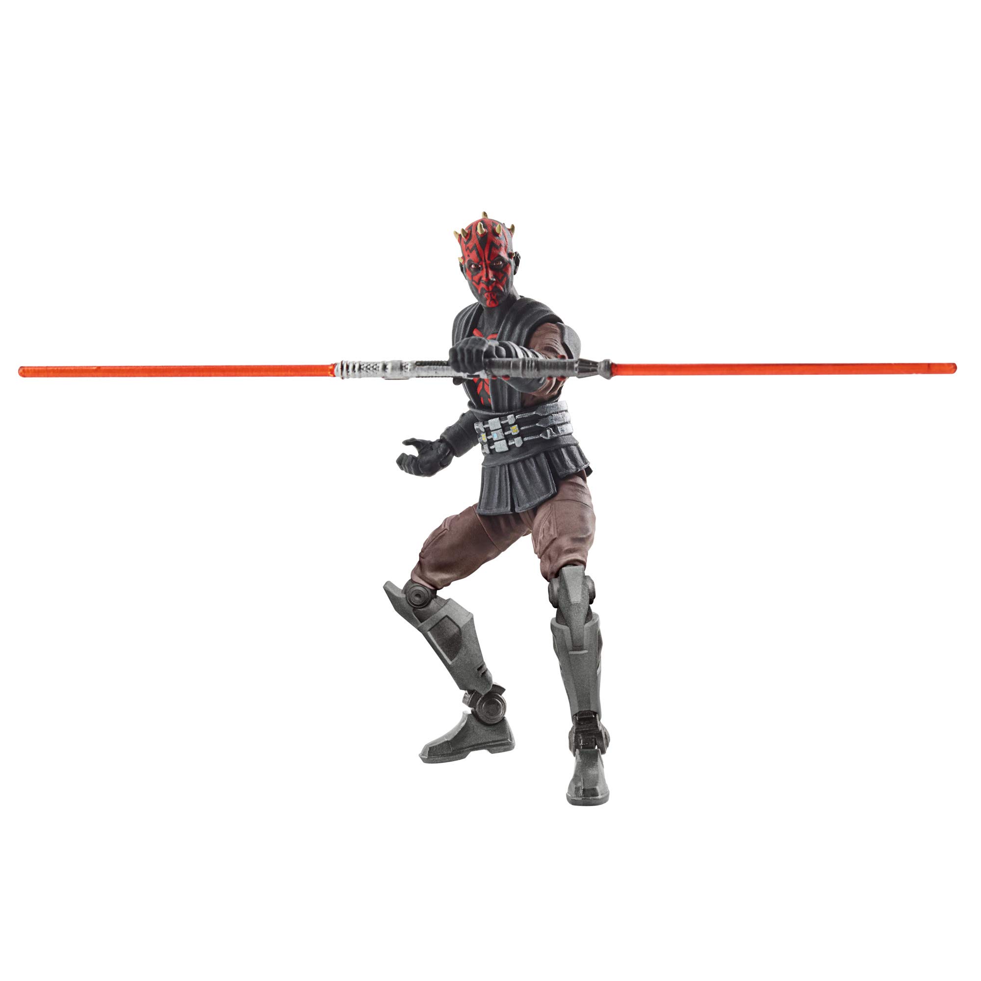 Dynamic Star Wars villain action figure with double-bladed lightsaber in red and black attire.