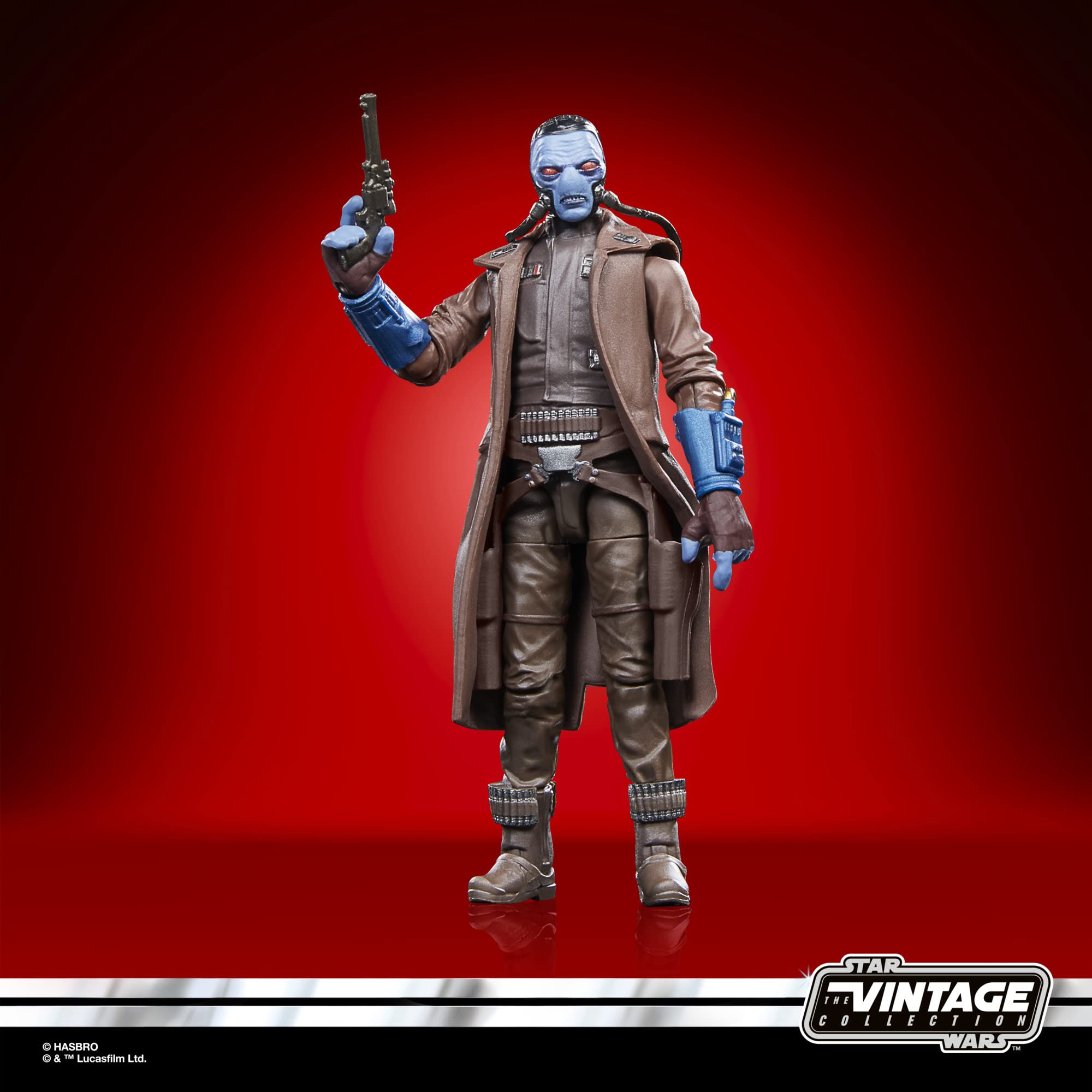 Stunning blue Star Wars action figure in dynamic pose against bold red background.