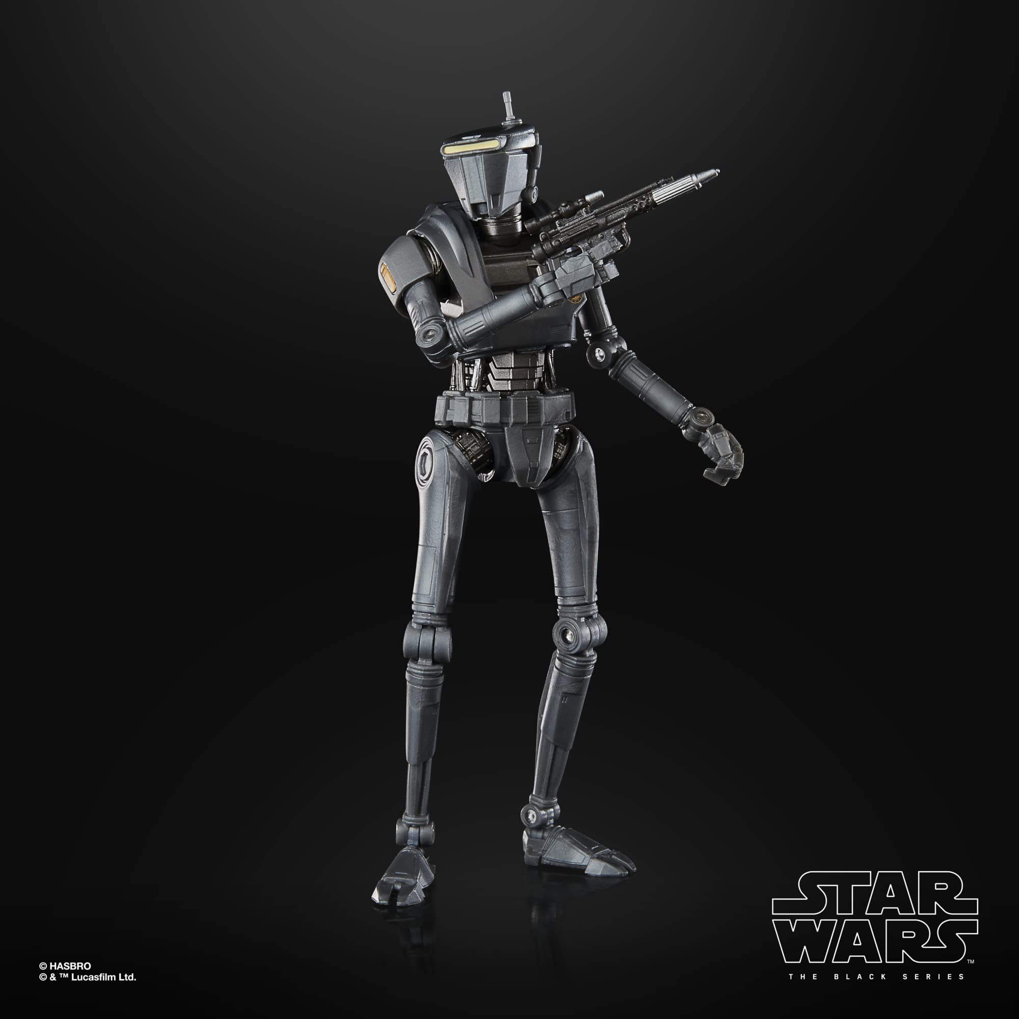 Dynamic Star Wars bounty hunter action figure in matte black, ready for battle with blaster.
