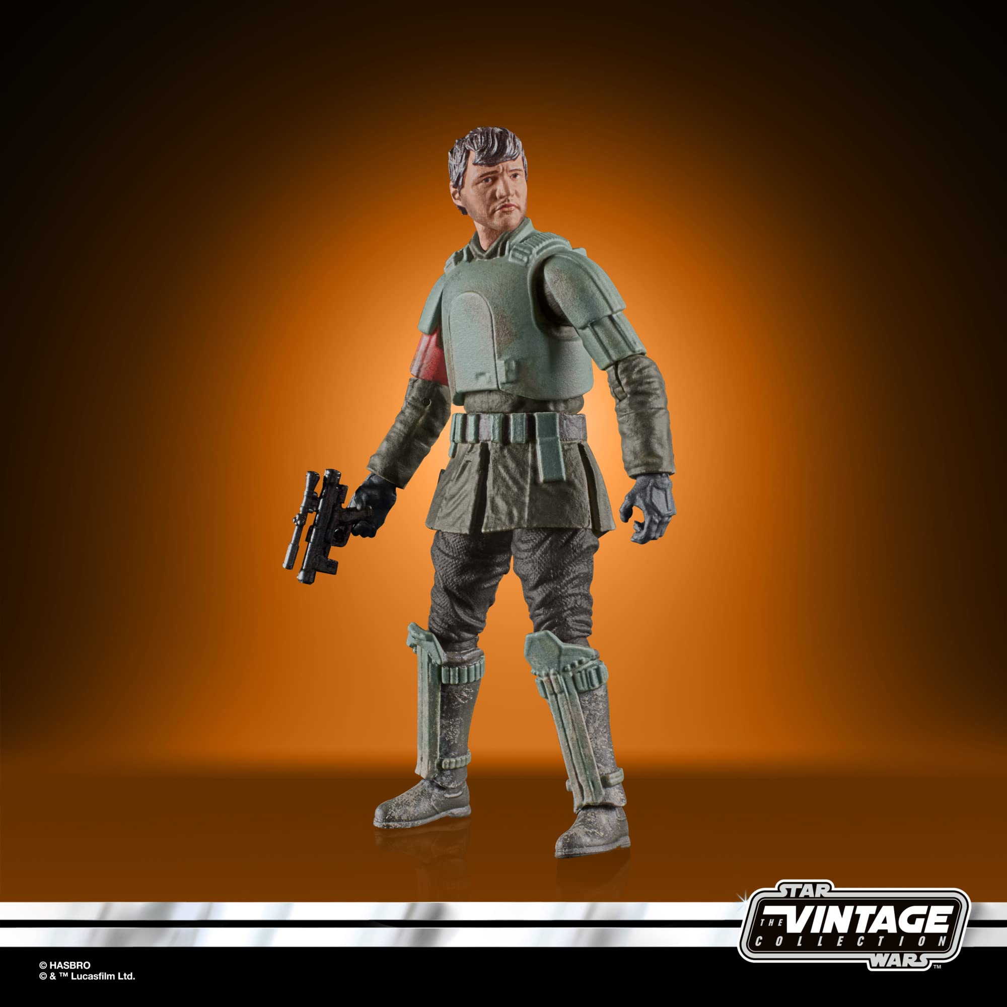 Dynamic Star Wars Vintage Collection action figure in combat-ready pose against vibrant orange backdrop.