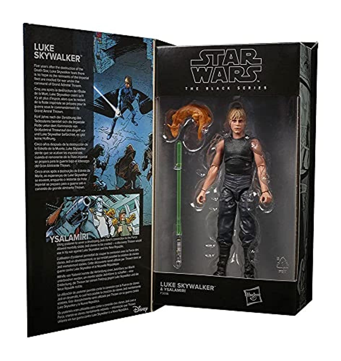 Luke Skywalker action figure in collectible packaging, featuring vibrant designs and detailed character information.