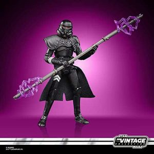 Dark armored Sith action figure with purple energy staff against a vibrant purple background.