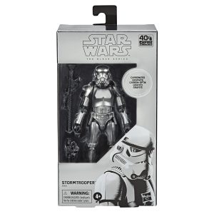 Star Wars Stormtrooper action figure, 40th Anniversary edition, detailed in sleek black and white packaging.