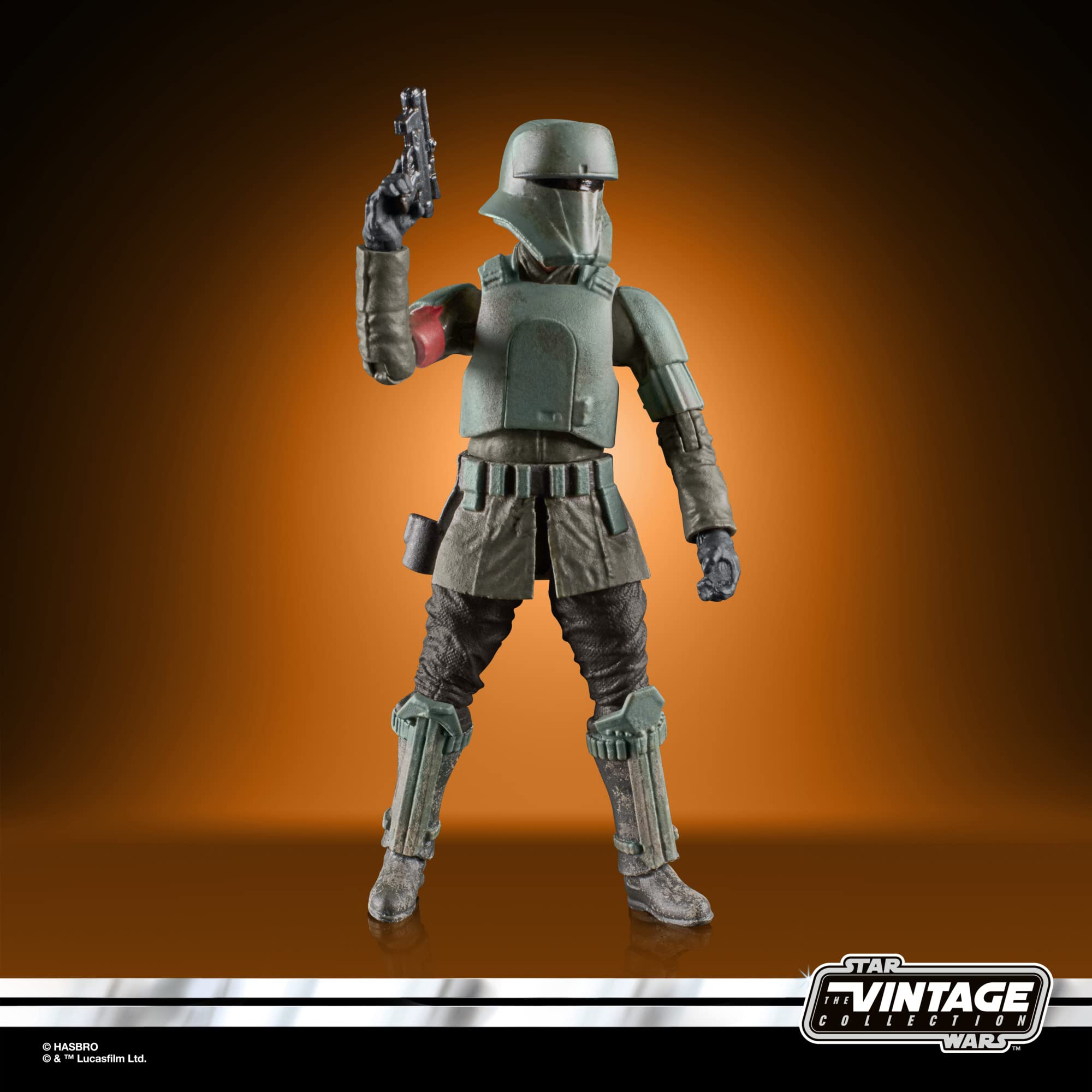Star Wars Vintage Collection action figure with blaster, detailed green armor, dramatic orange background.