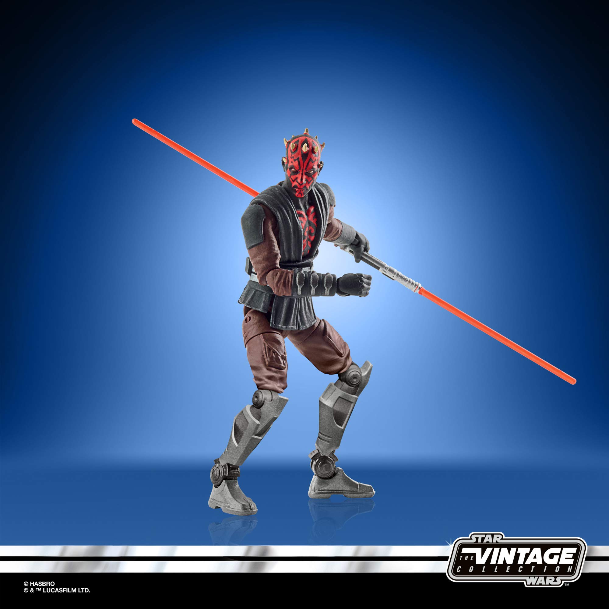 Sith action figure with crimson lightsaber from Star Wars Vintage Collection, against a blue gradient.