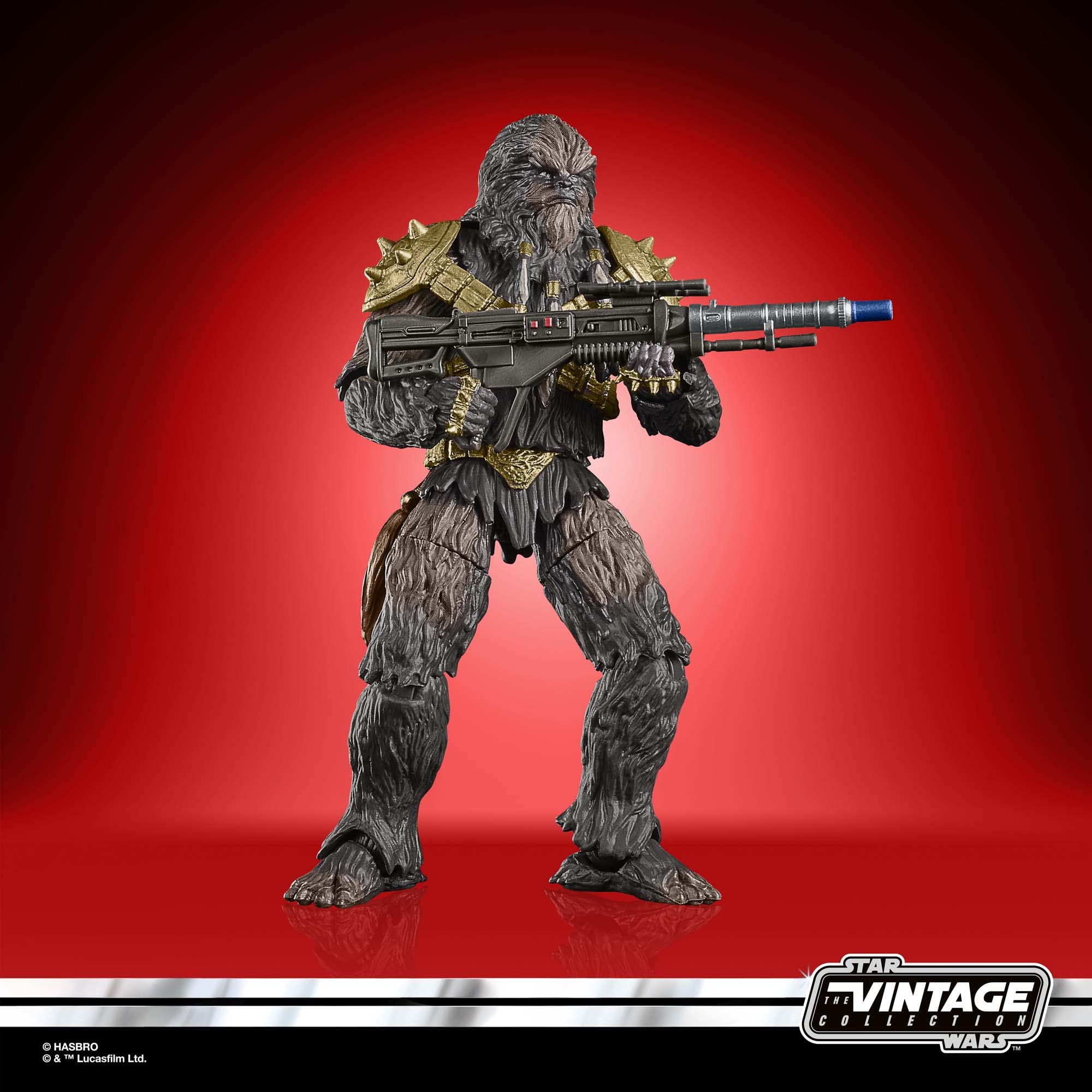 Wookiee warrior action figure in battle stance with blaster, set against bold red backdrop.