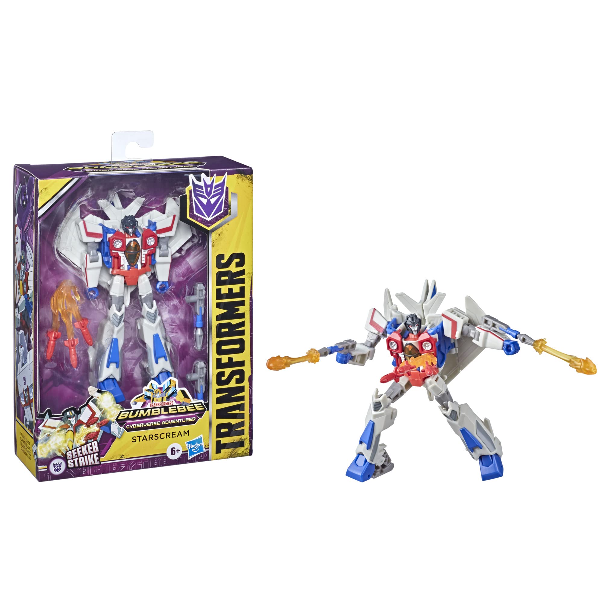 Dynamic Starscream action figure in vibrant packaging, showcasing Decepticon allegiance and intricate design.