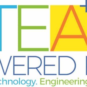 Colorful STEAM Powered Kids design promoting fun education in Science, Technology, Engineering, Art, and Mathematics.