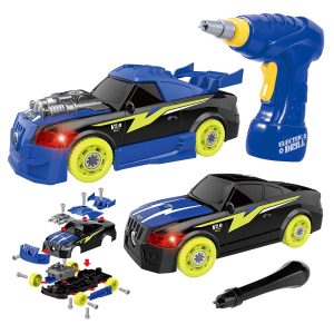 Dynamic toy car assembly set with drill and customizable parts for creative play and skills development.