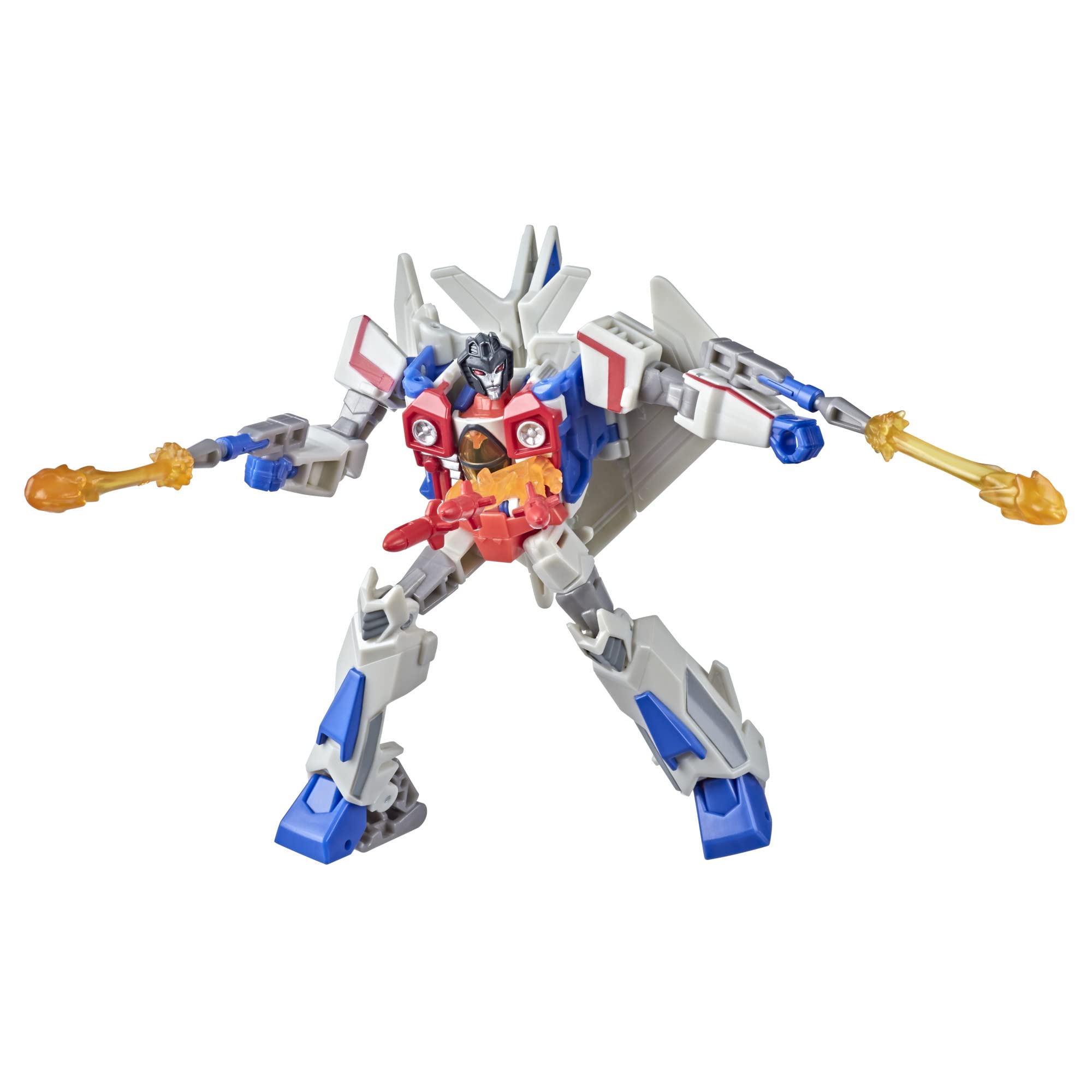 Vibrant mecha robot action figure in dynamic pose, showcasing metallic colors and bright orange weaponry.