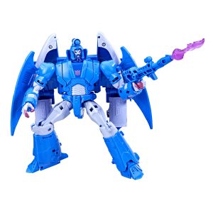 Blue and silver mecha robot action figure with glowing weapon, ideal for collectors and fans.