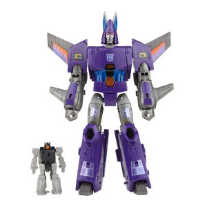 Transformers Decepticon jet figure with orange details and gray companion action figure duo.