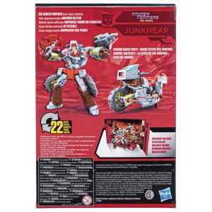 Transformers Junkheap toy packaging features vibrant design, articulated robot, and transformation details.