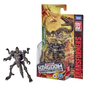 Transformers Kingdom dinosaur action figure with striking design and dynamic packaging art.