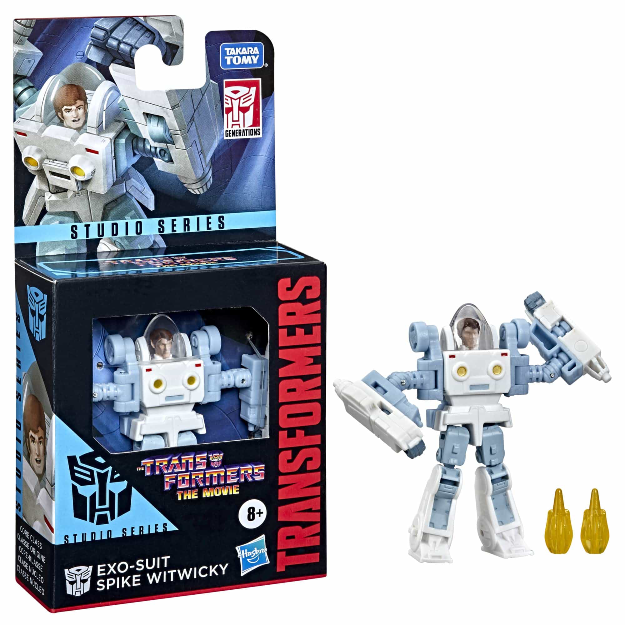 Transformers Spike Witwicky exo-suit action figure with vibrant packaging and accessory weapons.