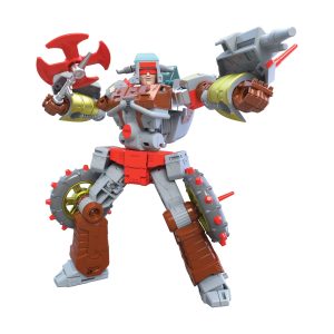 Dynamic mechanical warrior action figure with detailed armor, weaponry, and vibrant colors for collectors.