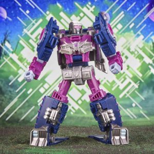 Dynamic pink and blue robot action figure in a captivating sci-fi landscape.