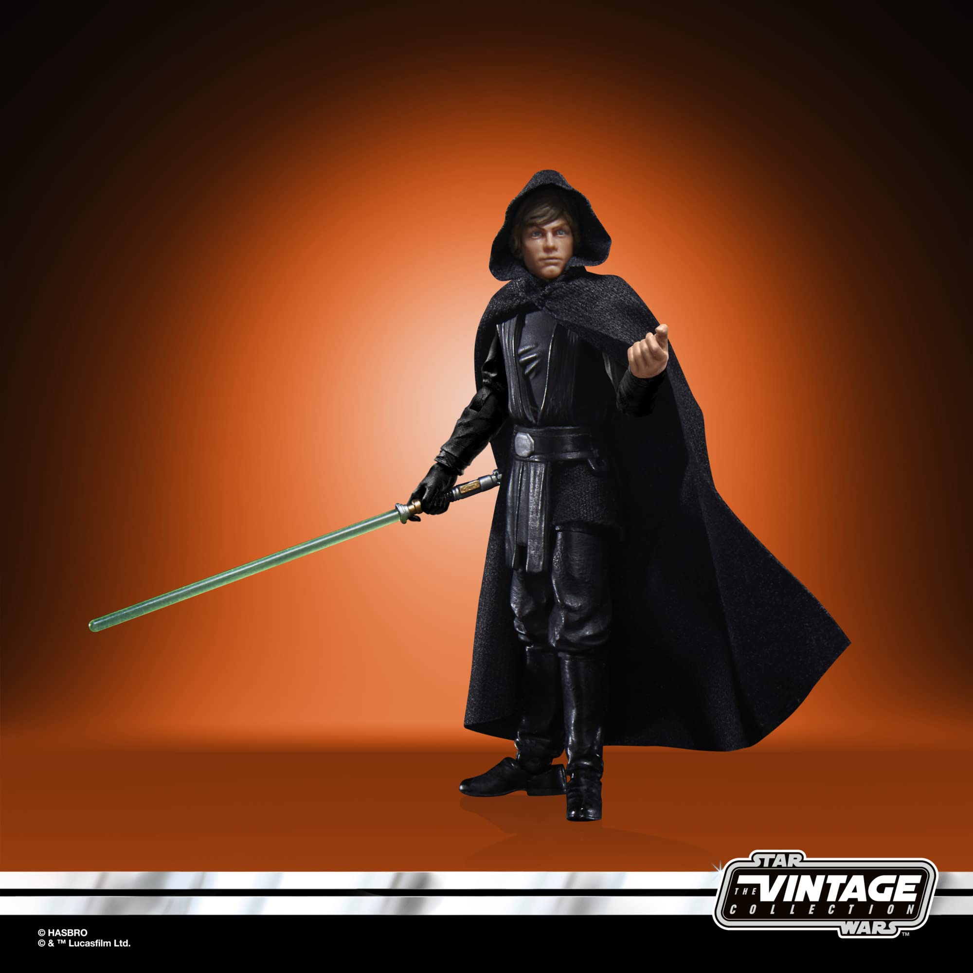 Vintage Jedi action figure with green lightsaber in dramatic pose against striking gradient background.