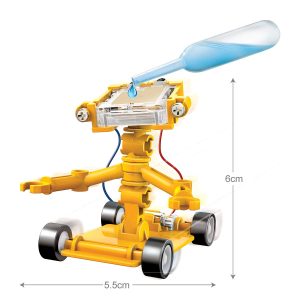 Compact yellow robot for interactive STEM learning with liquid sensors and movable parts.