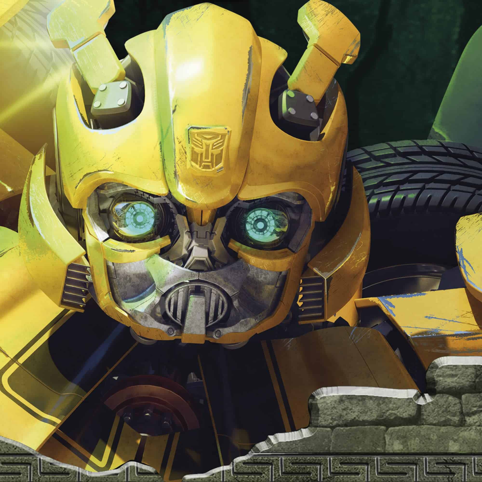 Cheerful yellow robot adventurer ready for exploration in a whimsical, vibrant landscape.