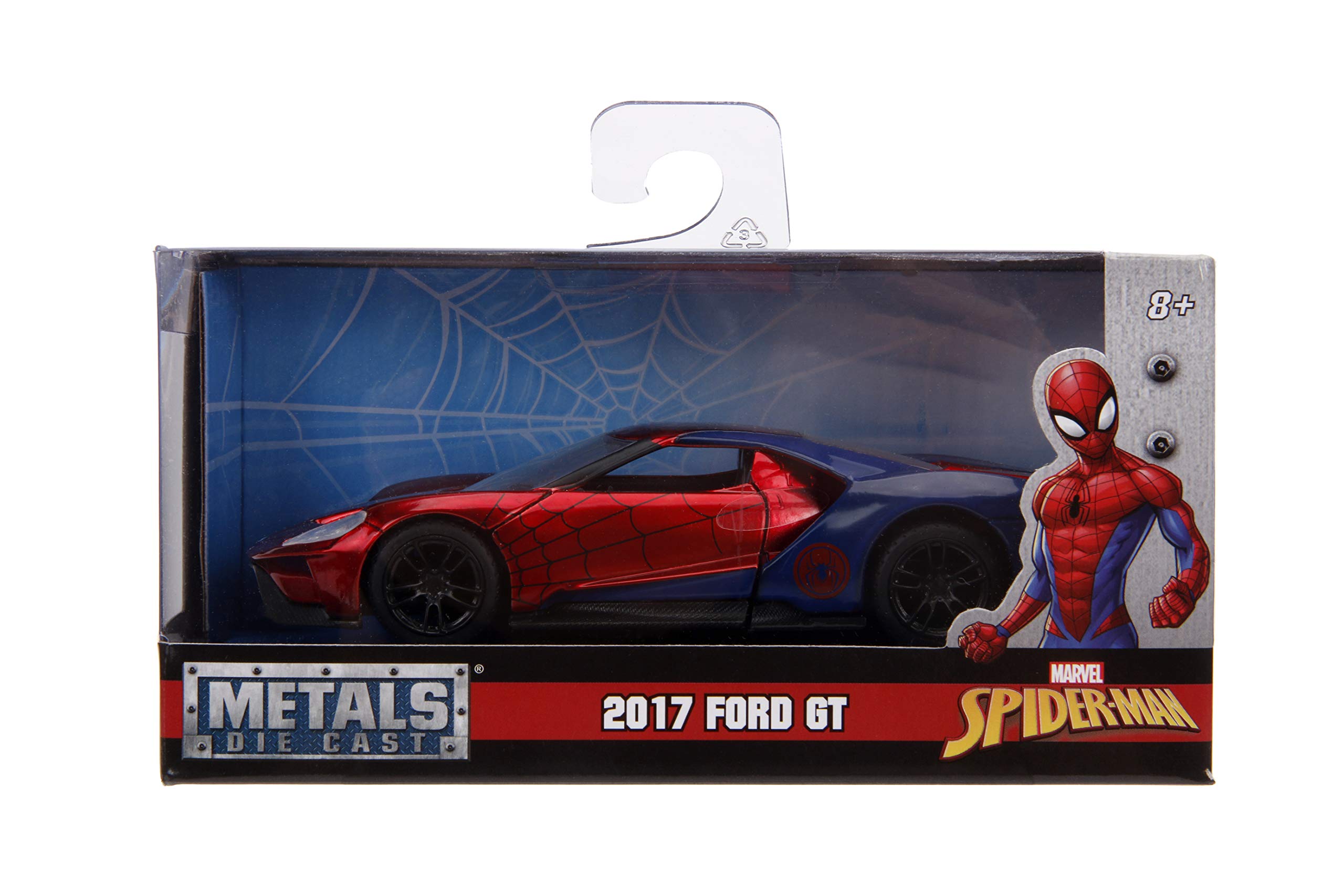 Spider-Man themed 2017 Ford GT collectible toy car in vibrant red and blue design.