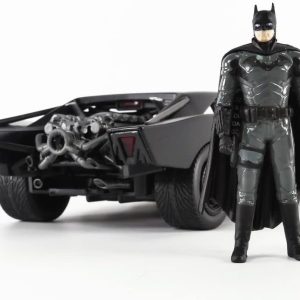 Bat-themed superhero stands confidently beside a sleek, high-performance action vehicle.