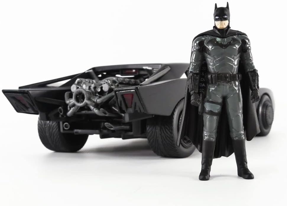 Bat-themed superhero stands confidently beside a sleek, high-performance action vehicle.