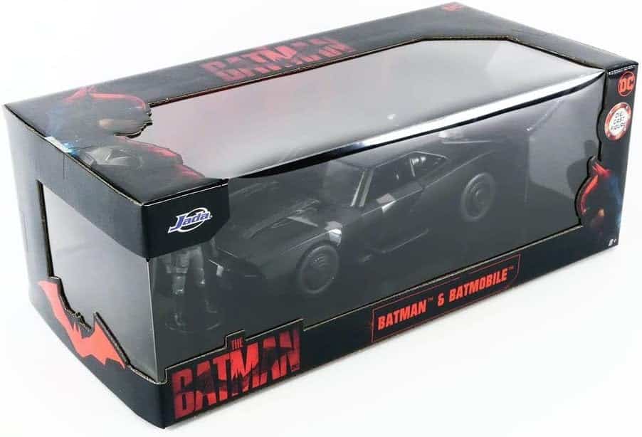 Sleek Batman Batmobile collectible model displayed in striking black packaging for fans and collectors.
