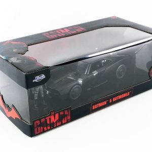 Collectible Batman Batmobile in sleek display case, perfect for fans and collectors alike.