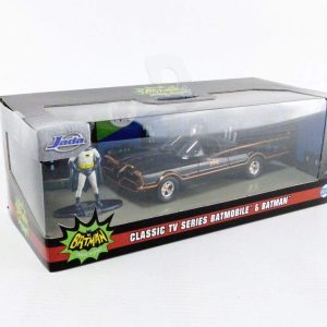Batmobile collectible set featuring Batman and Robin action figures in retro comic packaging.