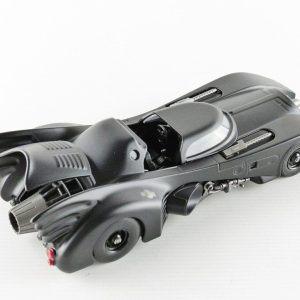 Stylish Batmobile model featuring sleek black design, aerodynamic shapes, and iconic bat-like fins.