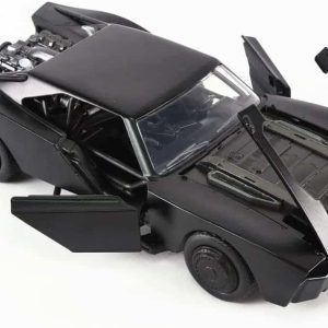 Sleek black futuristic muscle car toy model with intricate interior, perfect for collectors and enthusiasts.