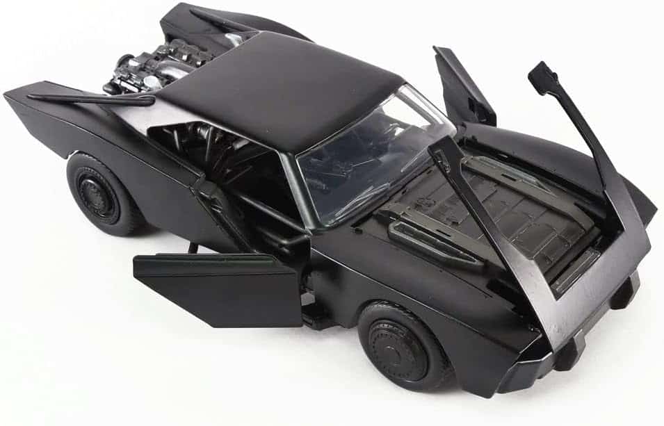 Sleek black futuristic muscle car toy model with intricate interior, perfect for collectors and enthusiasts.