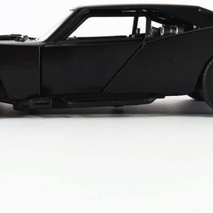 Sleek all-black muscle car model with aerodynamic design, featuring flared wheel arches and tinted windows.