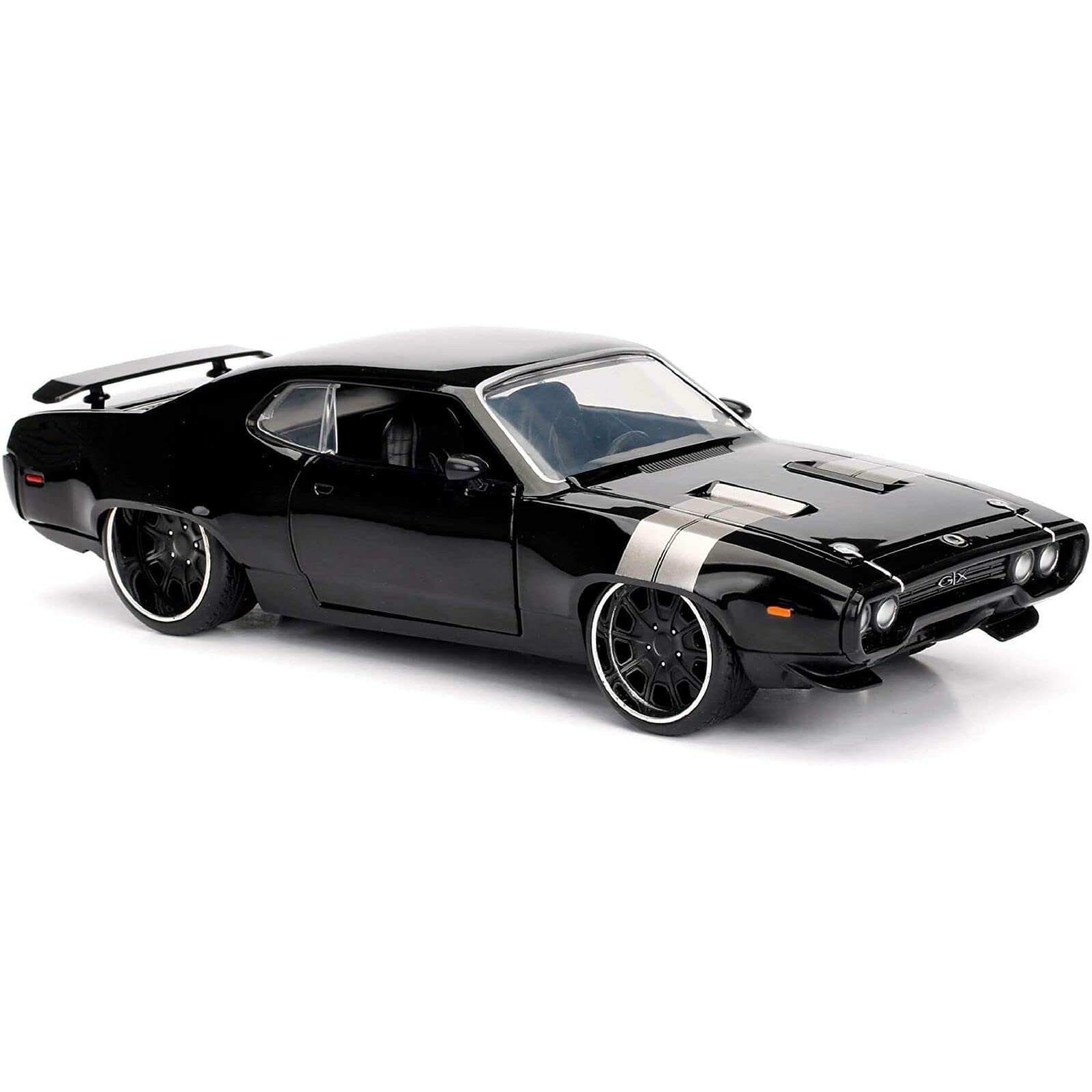 Classic black muscle car model with racing stripes, hood scoop, and stylish multi-spoke wheels.