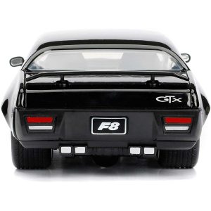 Sleek black F8 sports car from the rear, showcasing dual exhaust and aerodynamic design.