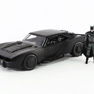 Matte black superhero car and action figure embody themes of heroism and adventure.