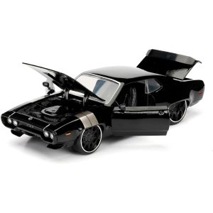 Detailed model of a classic black muscle car with an open hood and interior access.