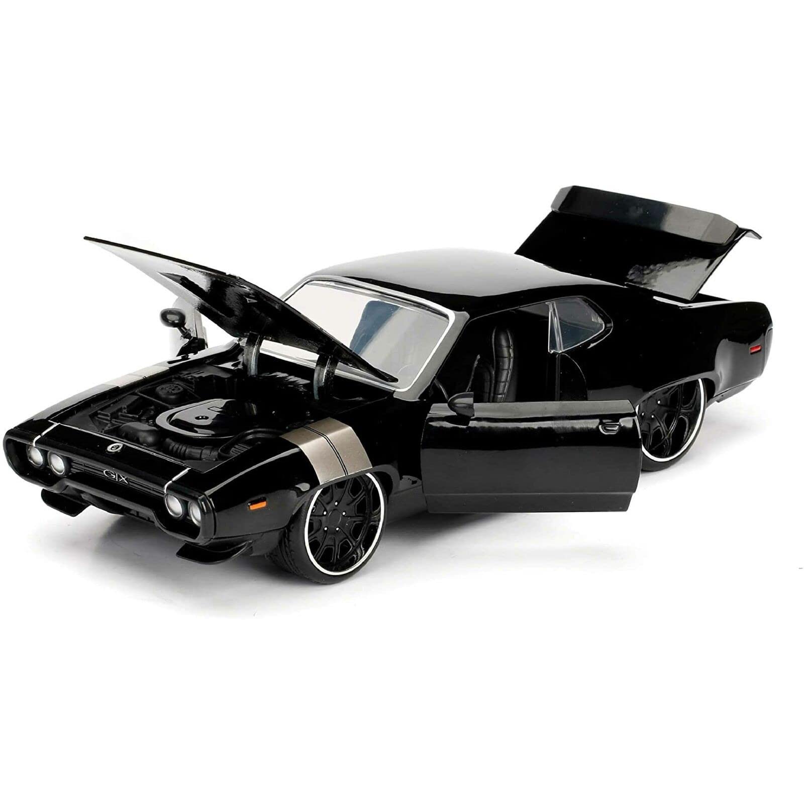 Detailed model of a classic black muscle car with an open hood and interior access.