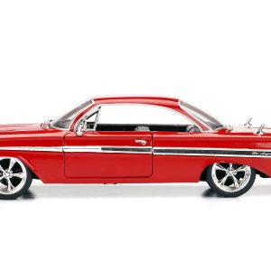 Vibrant red model car, blending classic muscle design with modern details and chrome accents.