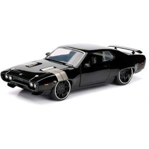 Sleek black classic sports car model with silver accents, dual stripes, and aggressive design features.