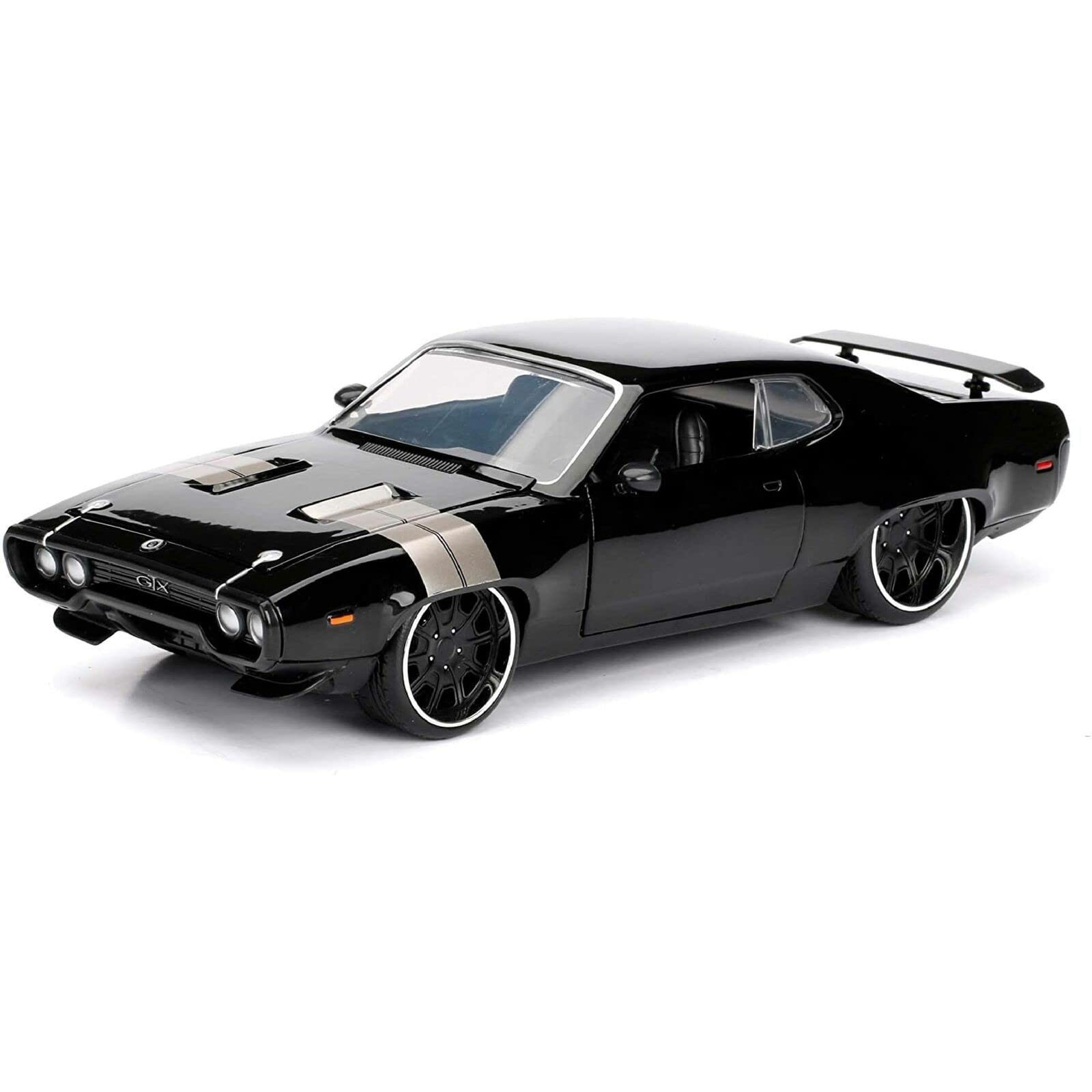 Sleek black classic sports car model with silver accents, dual stripes, and aggressive design features.