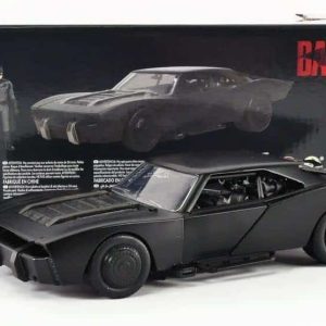 Sleek matte black superhero car and figure collectible set for fans and collectors.