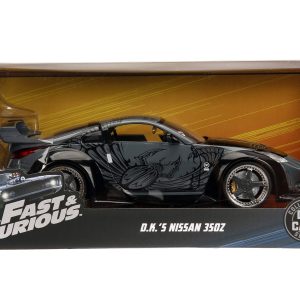 Collectible DKs Nissan 350Z die-cast model from Fast & Furious, featuring sleek design and vibrant graphics.