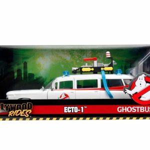 Ecto-1 model from Ghostbusters in display box, showcasing classic design and ghost-hunting gear.