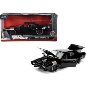 Collectible black muscle car model from Fast & Furious with detailed features and vibrant packaging.